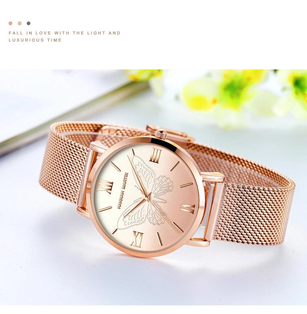 Luxury 3D Butterfly Top Brand Elegant Women Watches Quartz Movement Stainless Steel Waterproof Wristwatches
