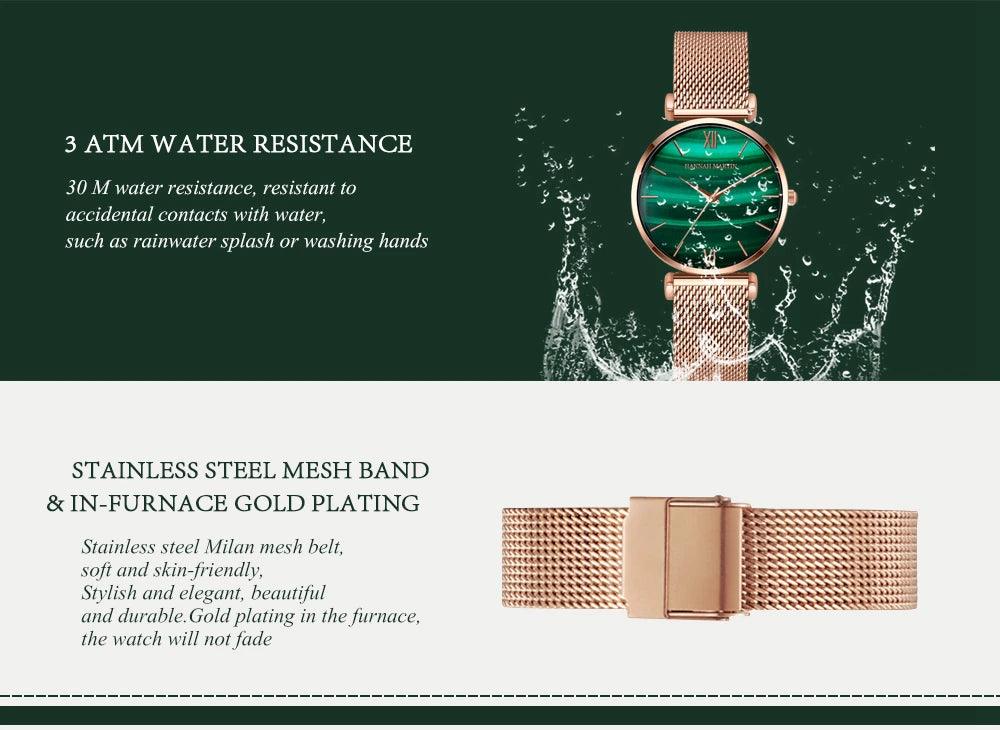 Elegant Fashion Green Malachite Dial Casual Ladies Watches - Stainless Steel Strap Waterproof Quartz Wristwatches