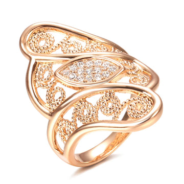 Exquisite Hollow Crystal Flower 14K Rolled Rose Gold AAA Zircon Diamons Pave Setting Ring - Vintage Jewellery