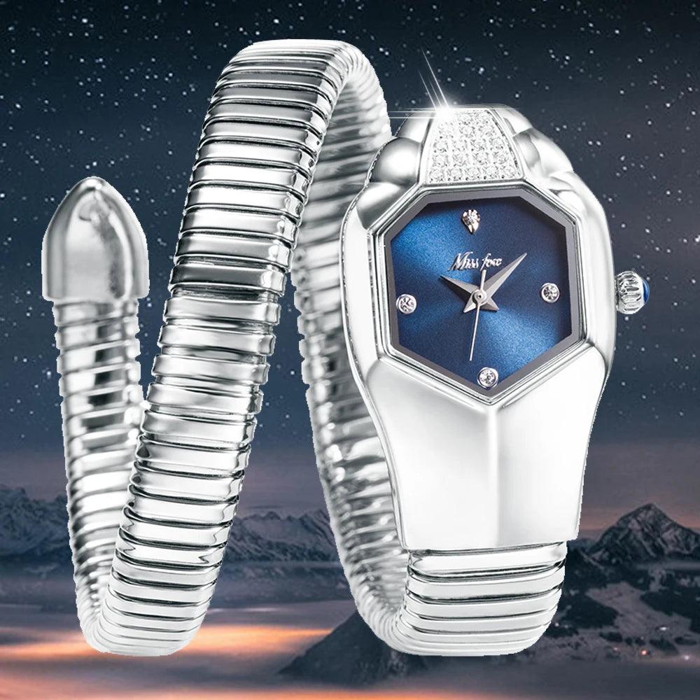 Hot Fashion Stainless Steel Bangle Snake Shape Zircon Diamond Ladies Watches - Quartz Silver Colour Wristwatches