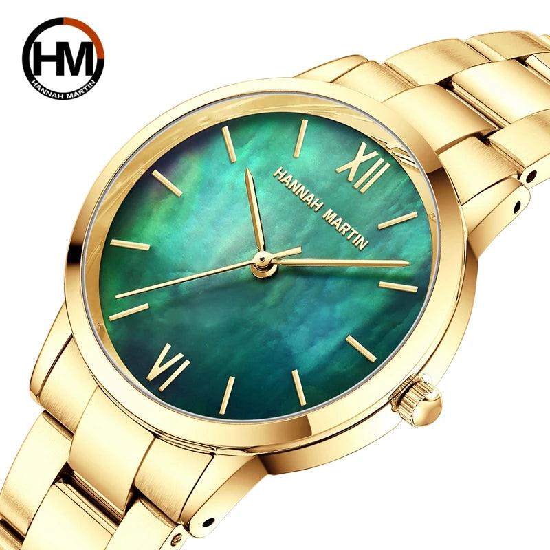 Top Brand Elegant Style Gold Stainless Steel Green Stone Dial Quartz Shell Pearl Oyster Waterproof Ladies Watches