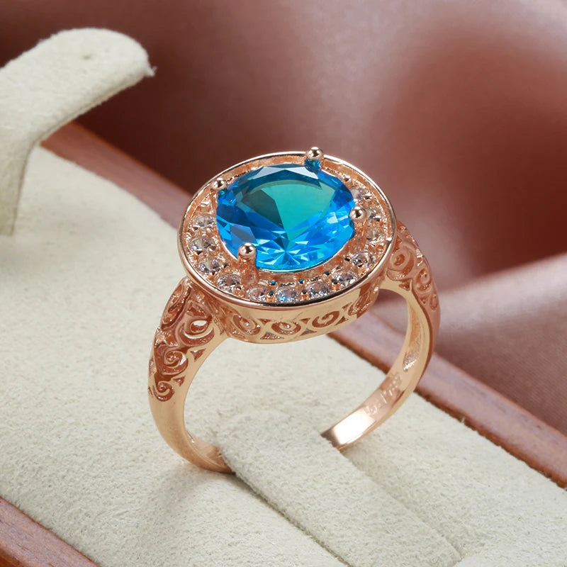 New Fashion Ethnic Hollow Flower Design Rolled 14K Rose Gold Big Blue AAA Zircon Diamonds Ring - Fine Jewellery