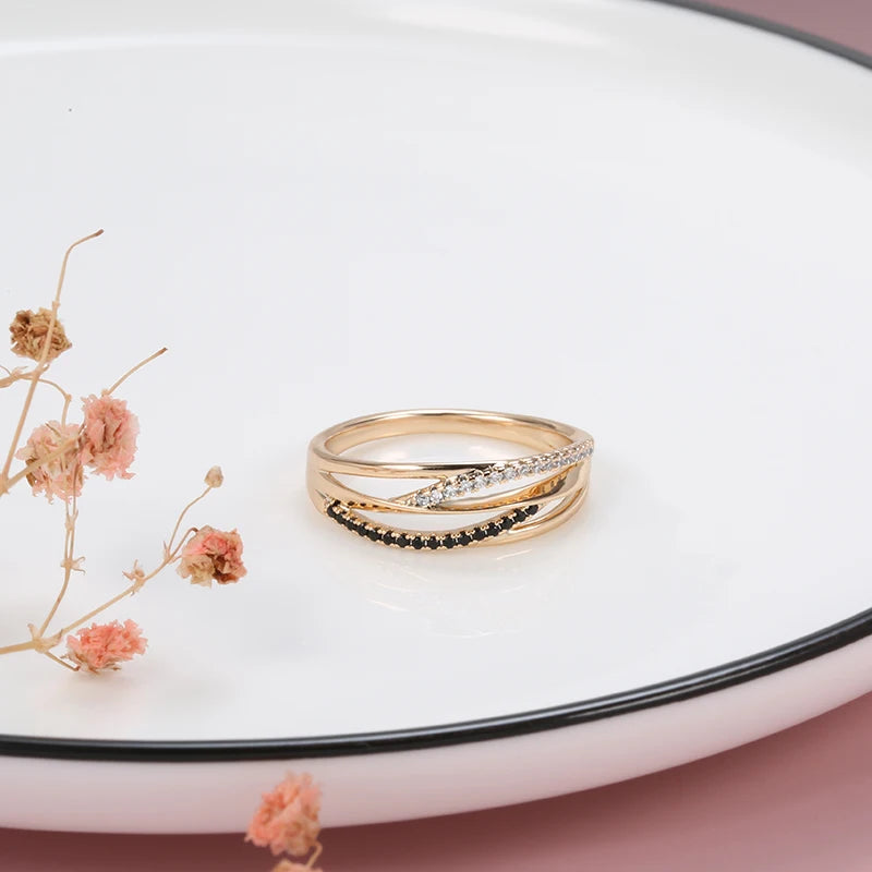 New 14K Filled Rose Gold Unusual Geometry Cross AAA Black, White Zircon Diamonds Ring - Vintage Wedding Jewellery