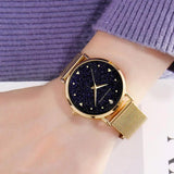 Elegant Golden Tone Ladies Wristwatches Quartz Movement Stainless Steel Mesh Band Night Stars Face Watches For Women