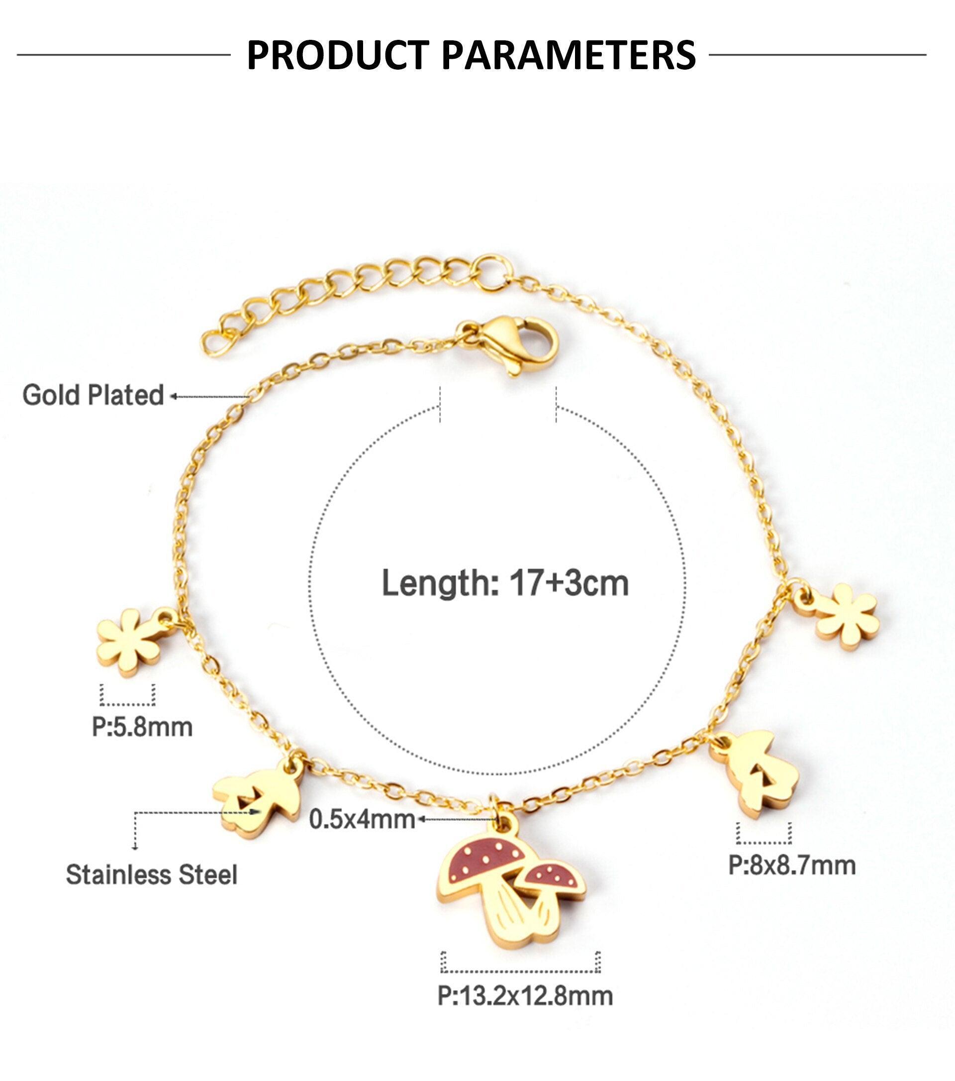 Cute Style Gold Colour Mushroom Flower Pendants Beaded Chains Charm Bracelets - Stainless Steel link Chain - The Jewellery Supermarket