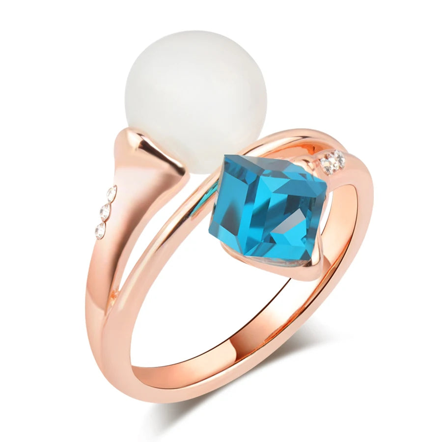 Luxury 14K Rolled Rose Gold Opal and AAA Zircon Blue Crystal Ring For Women - Fashion Jewellery