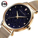 Elegant Golden Tone Ladies Wristwatches Quartz Movement Stainless Steel Mesh Band Night Stars Face Watches For Women