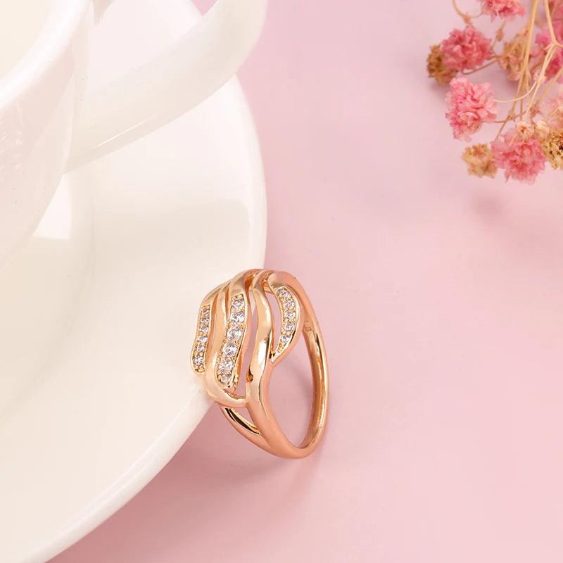 Dazzling Hollow line Wave Ring with 14K Filled Rose Gold  AAA Zircon Diamonds Ethnic Rings - Vintage Fine Jewellery