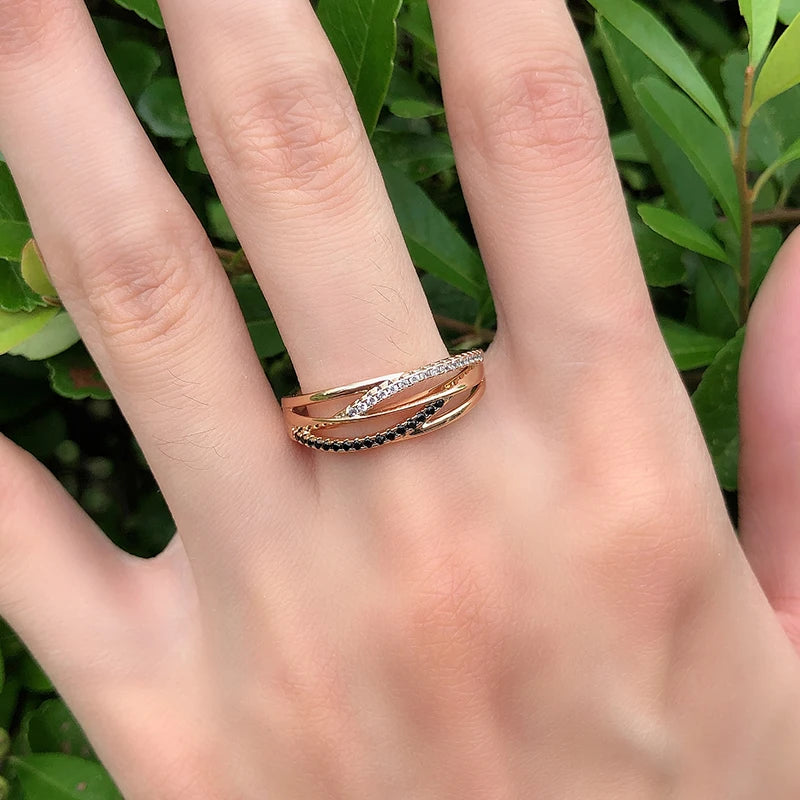 New 14K Filled Rose Gold Unusual Geometry Cross AAA Black, White Zircon Diamonds Ring - Vintage Wedding Jewellery