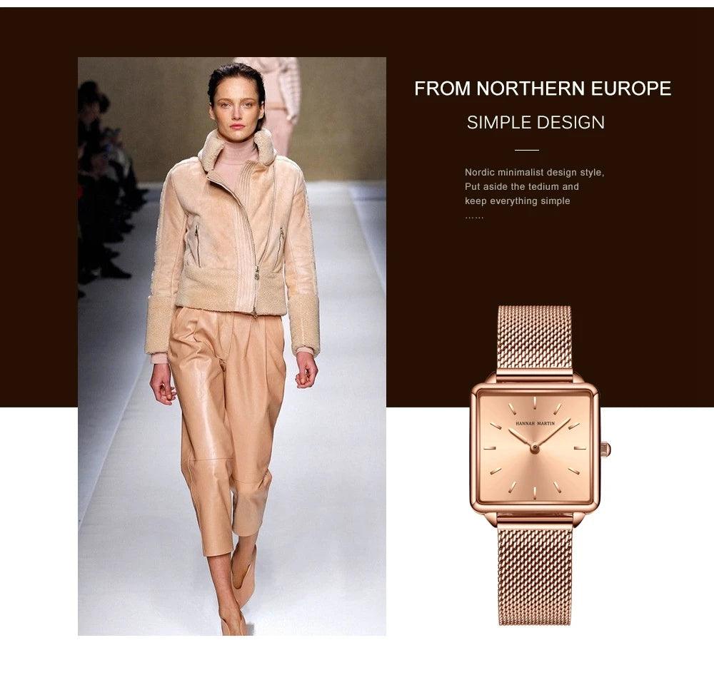 New Arrival Top Brand Elegant Solid Stainless Steel Square Dial Quartz Rose Gold Colour Ladies Watches for Women