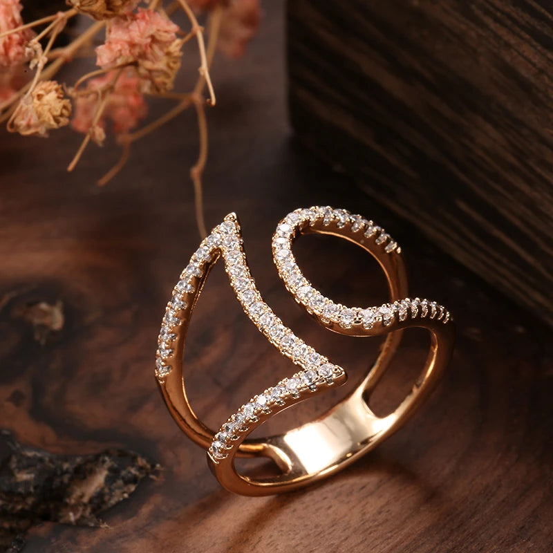 Sensational Fashion14K Filled Rose Gold Geometric Hollow Line AAA Zircon Diamonds Rings - Vintage Style Jewellery