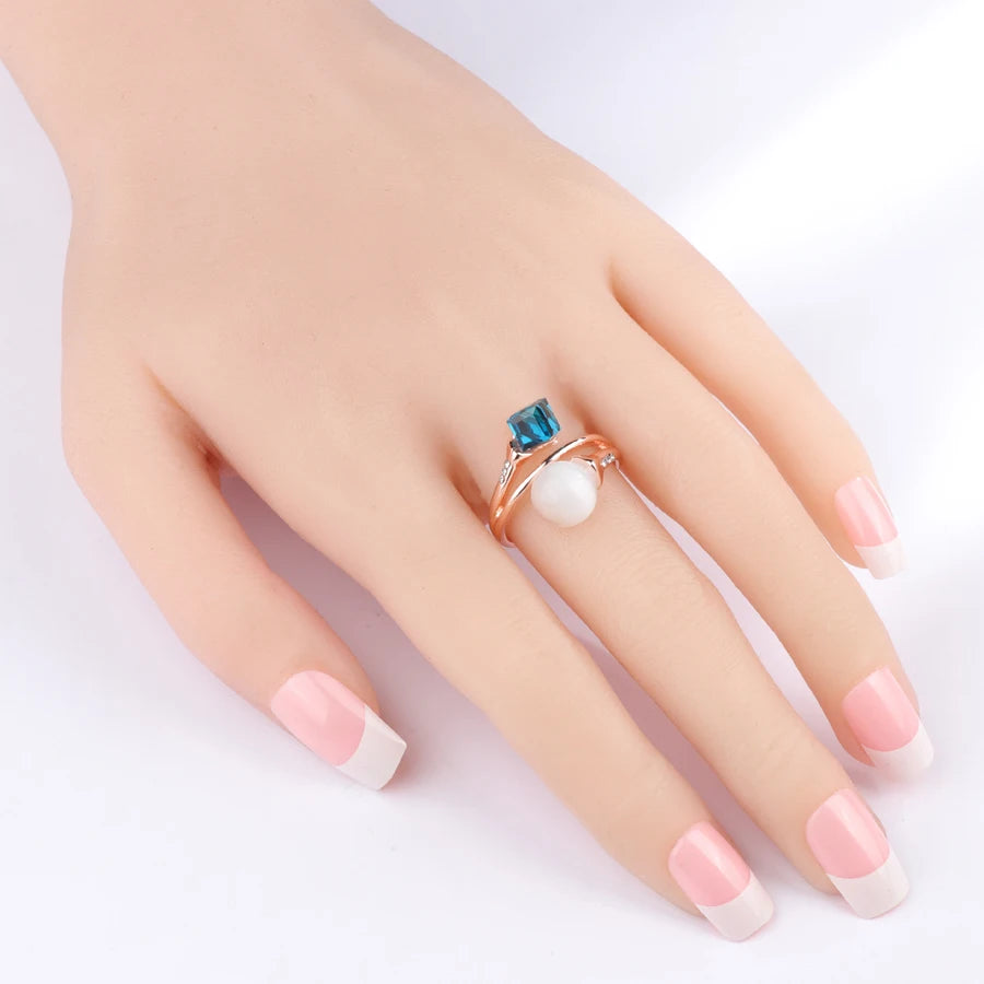 Luxury 14K Rolled Rose Gold Opal and AAA Zircon Blue Crystal Ring For Women - Fashion Jewellery