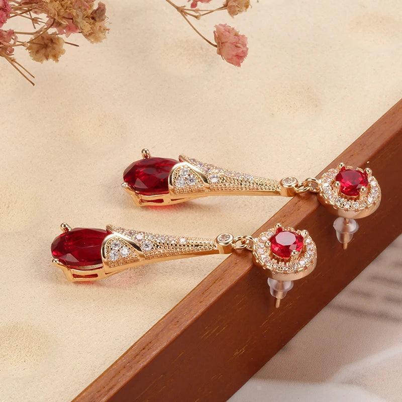 Luxury Water Drop 14K Rolled Rose Gold AAA Zircon Ruby/Emerald Dangle Earrings For Women - Fine Jewellery