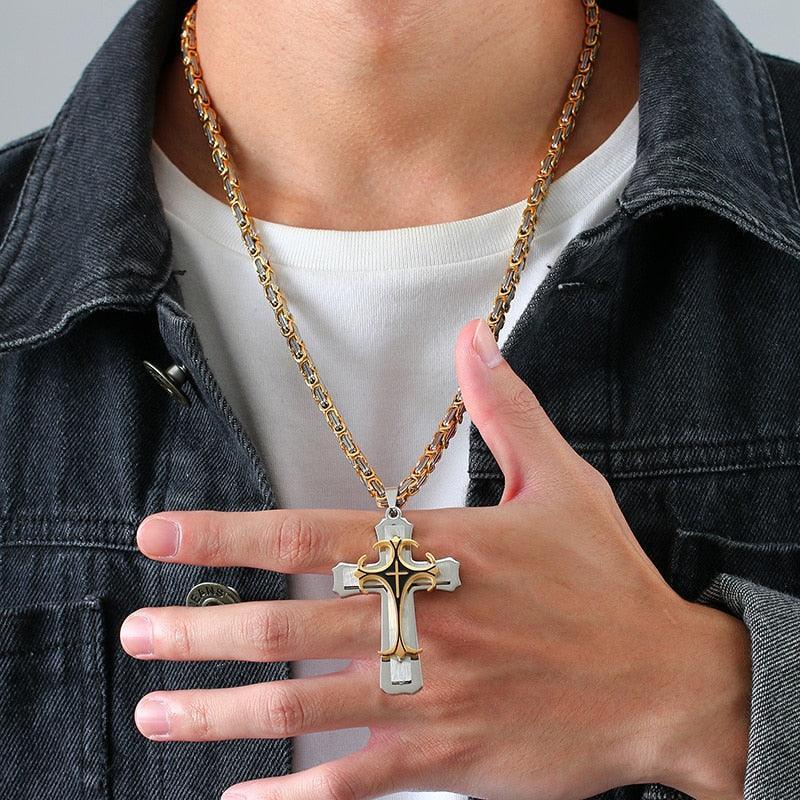 Amazing Cross Necklace For Men - Byzantine Gold Colour Stainless Steel Chain Catholic Crucifix Pendant - The Jewellery Supermarket