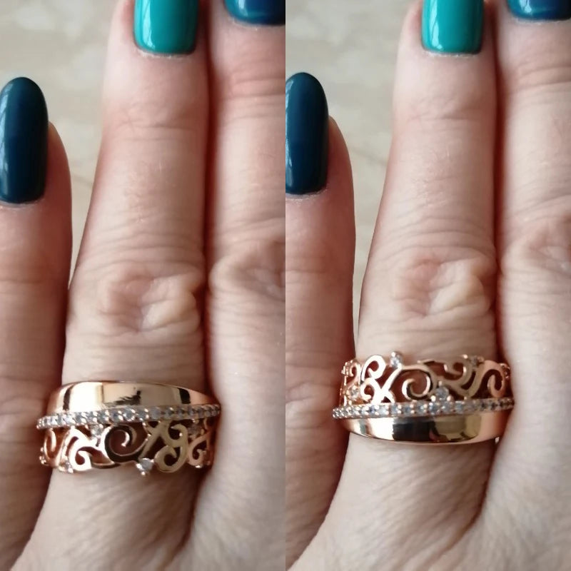 Luxury 14K Rolled Rose Gold Weaving Patterned Queen Crown AAA Zircon Diamonds Ring - Vintage Style Jewellery