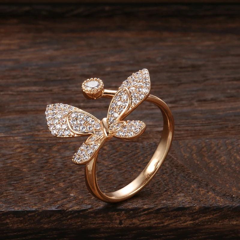 Luxury Shiny Lovely New Fashion 14K Rolled Rose Gold AAA Zircon Diamonds Butterfly Ring for Women Fine Jewellery