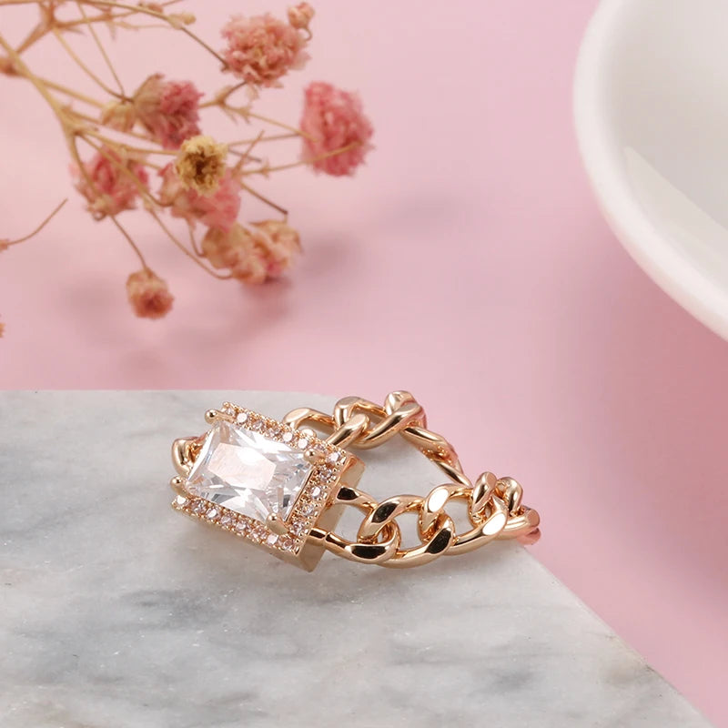 Latest Fashion Filled 14K Rose Gold Square AAA Zircon Diamond Tanks Chain Ring for Women -  Fine Jewellery