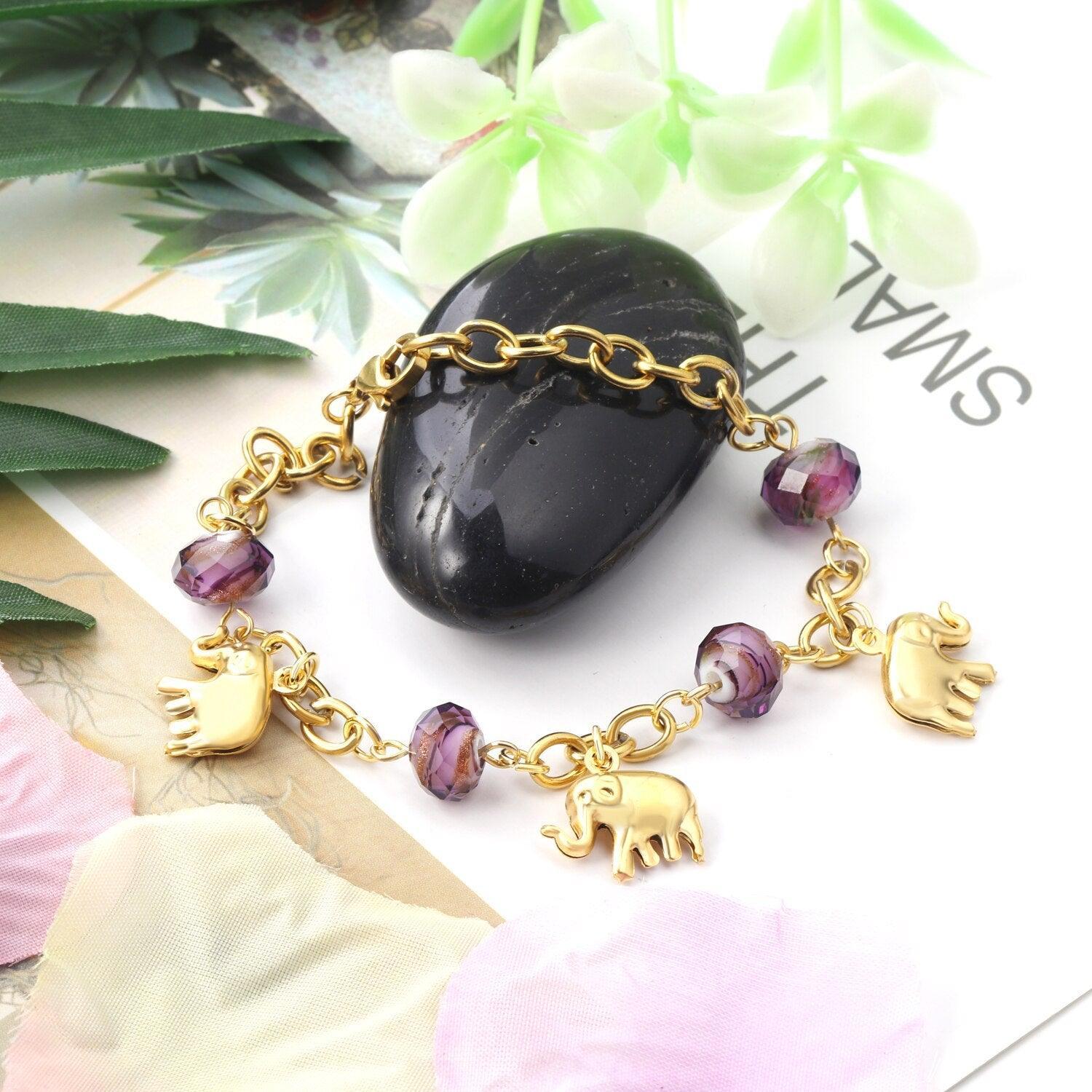 Cute Elephant Purple Color Charming Crystal 20cm Cuban Link Chains Popular Bracelets - The Jewellery Supermarket