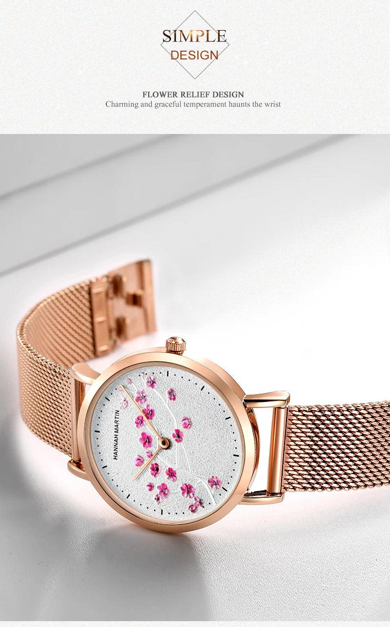 New Design Elegant Red Plum Blossom Dial Female Watch - Quartz Movement Genuine Leather Band  Ladies Wristwatches