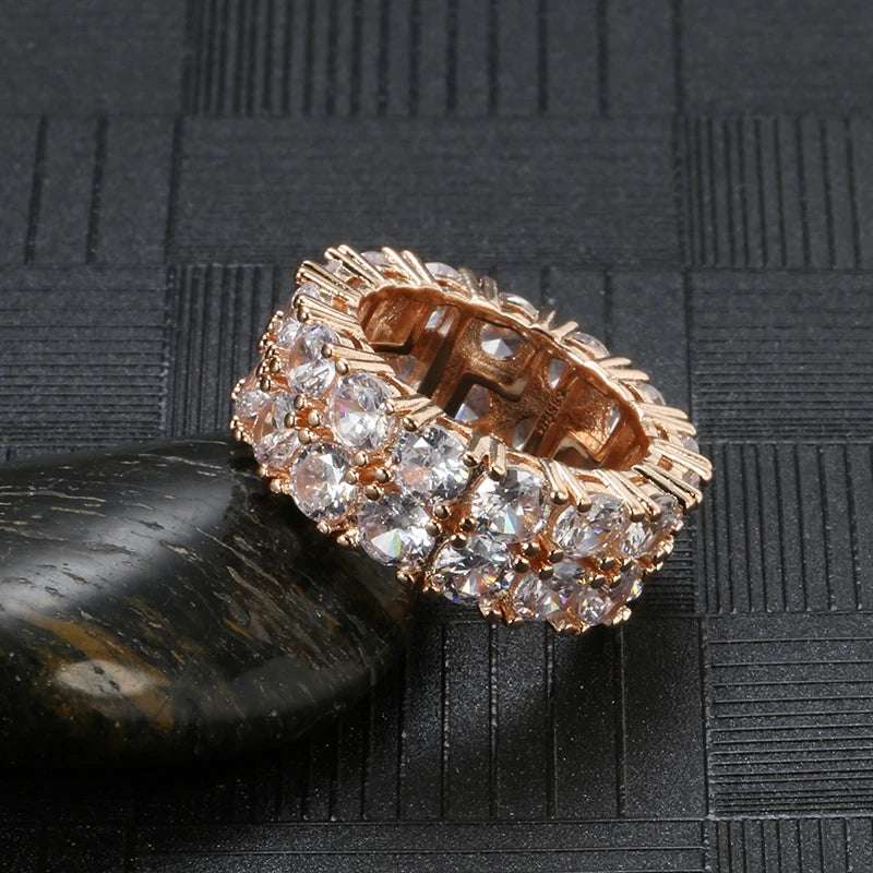 Classic 14K Rolled Rose Gold Hip Hop Double Row Micro-wax Inlay AAA Zircon Diamonds Rings - Fashion Jewellery