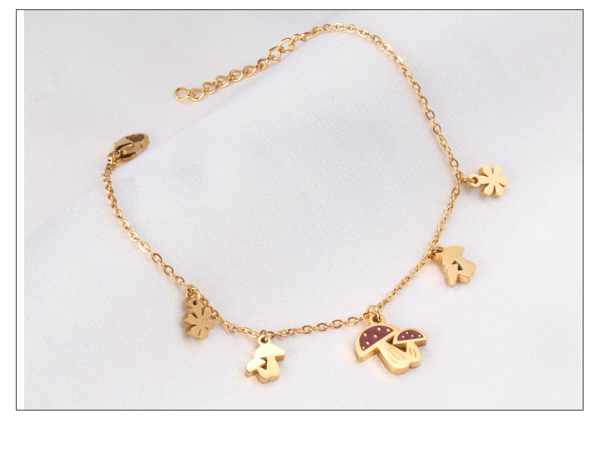 Cute Style Gold Colour Mushroom Flower Pendants Beaded Chains Charm Bracelets - Stainless Steel link Chain - The Jewellery Supermarket