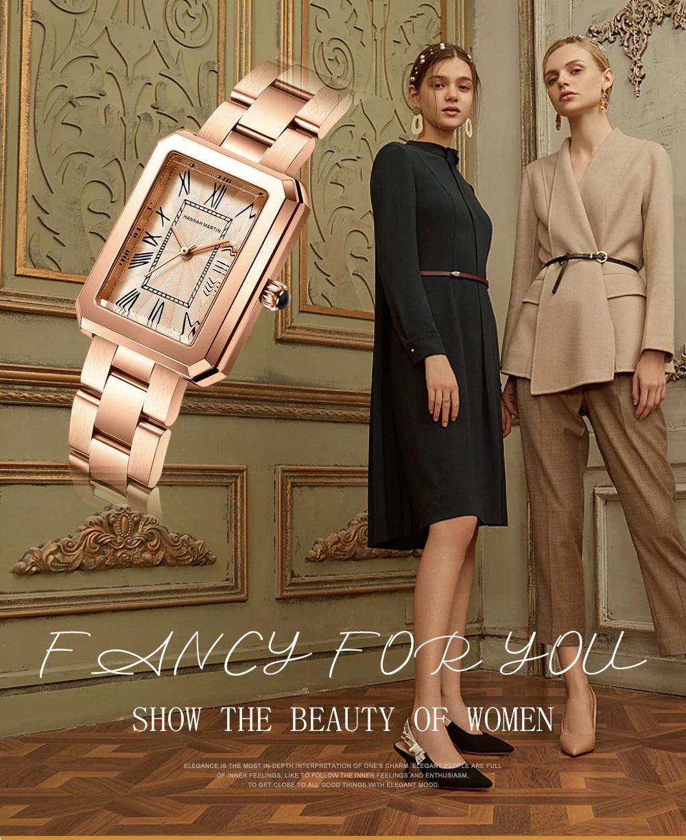 Elegant Female Rose Gold Tone Square Dial Ladies Watches - Fashion Stainless Steel Waterproof Quartz Wristwatches
