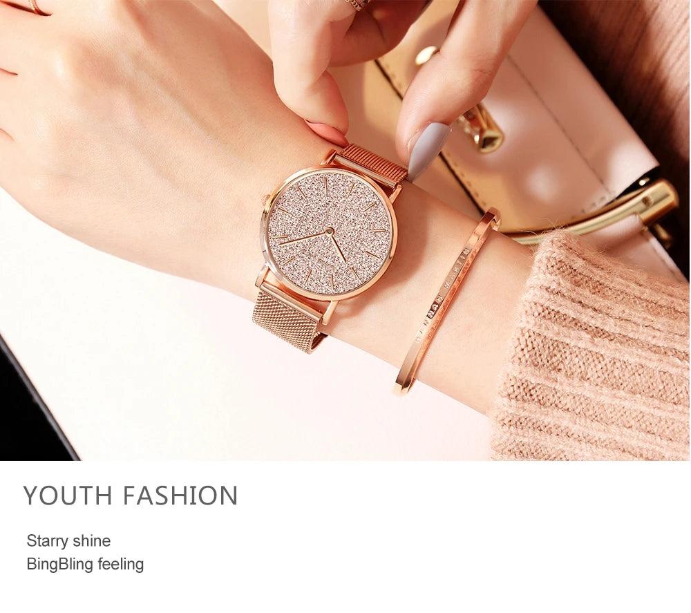 Elegant Sahara Desert Dial Design Top Brand Luxury Quartz Stainless Steel Rose Gold Colour Waterproof Ladies Watches