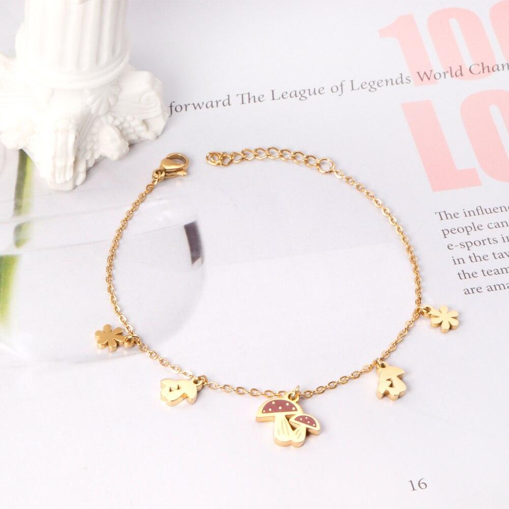 Cute Style Gold Colour Mushroom Flower Pendants Beaded Chains Charm Bracelets - Stainless Steel link Chain - The Jewellery Supermarket