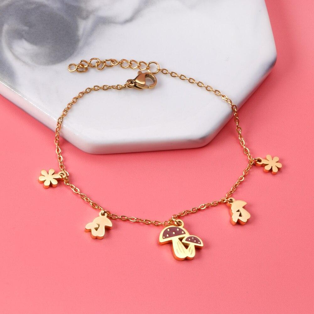 Cute Style Gold Colour Mushroom Flower Pendants Beaded Chains Charm Bracelets - Stainless Steel link Chain - The Jewellery Supermarket
