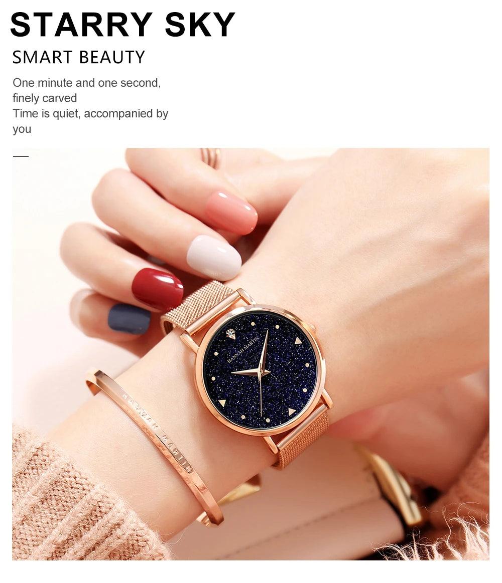 Elegant Golden Tone Ladies Wristwatches Quartz Movement Stainless Steel Mesh Band Night Stars Face Watches For Women