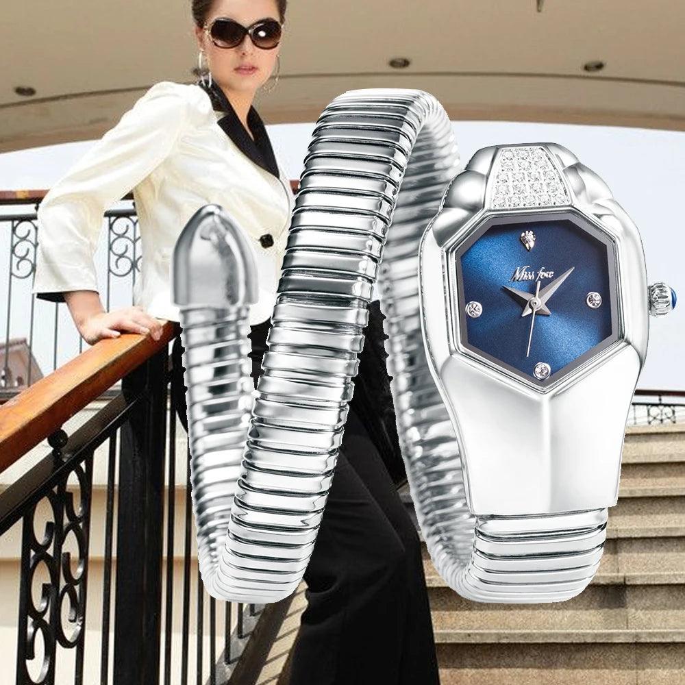 Hot Fashion Stainless Steel Bangle Snake Shape Zircon Diamond Ladies Watches - Quartz Silver Colour Wristwatches