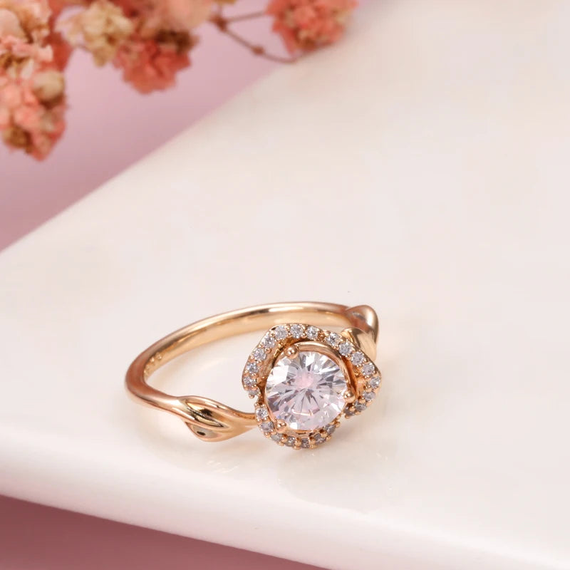 Lucky Rose Flower Design 14K Rolled Rose Gold AAA Zircon Diamonds Flower Vintage Style Ring - Fine Jewellery