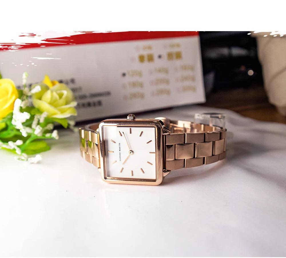 New Arrival Top Brand Elegant Solid Stainless Steel Square Dial Quartz Rose Gold Colour Ladies Watches for Women