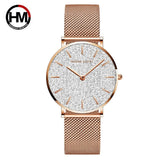Elegant Flash Stars Design Ladies Watch, Stainless Steel Rose Gold Colour Mesh Casual Quartz Waterproof Wristwatches