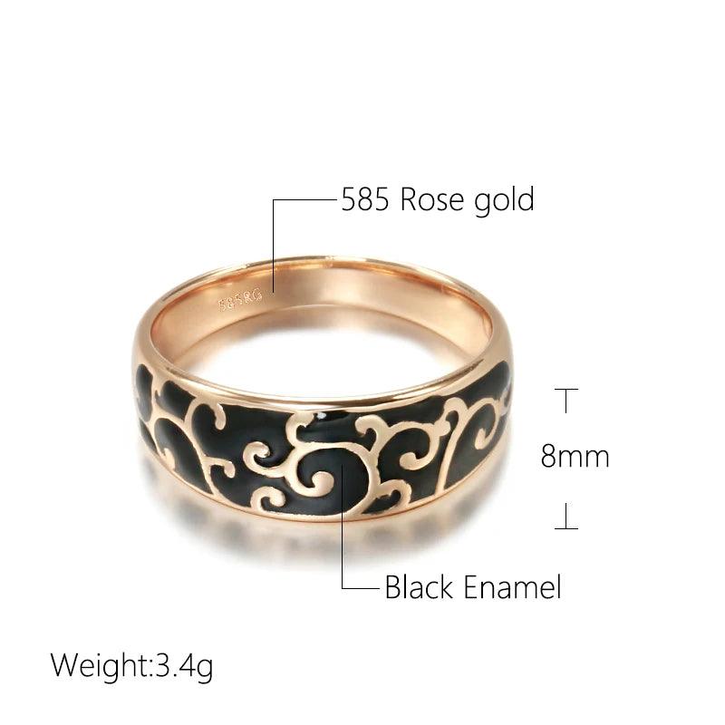 Excellent Luxury 14K Filled Rose Gold Black Enamel Ring Unusual Ethnic Pattern Rings - Creative Fashion Jewellery