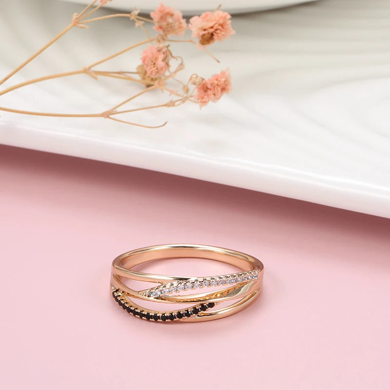 New 14K Filled Rose Gold Unusual Geometry Cross AAA Black, White Zircon Diamonds Ring - Vintage Wedding Jewellery