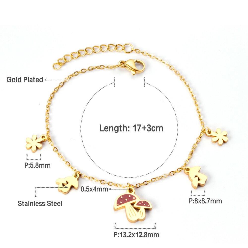 Cute Style Gold Colour Mushroom Flower Pendants Beaded Chains Charm Bracelets - Stainless Steel link Chain - The Jewellery Supermarket