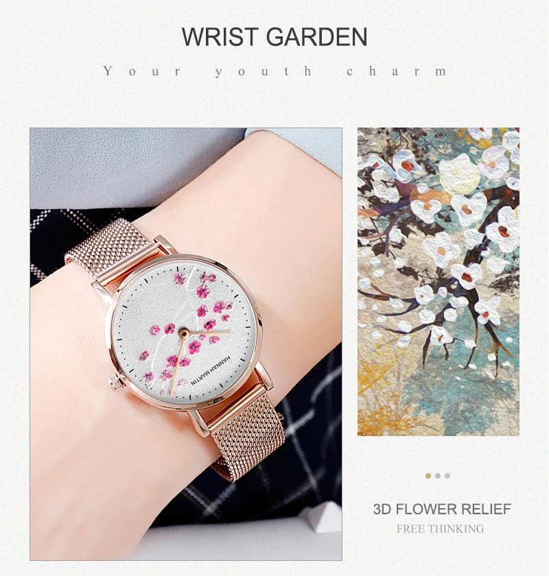 New Design Elegant Red Plum Blossom Dial Female Watch - Quartz Movement Genuine Leather Band  Ladies Wristwatches