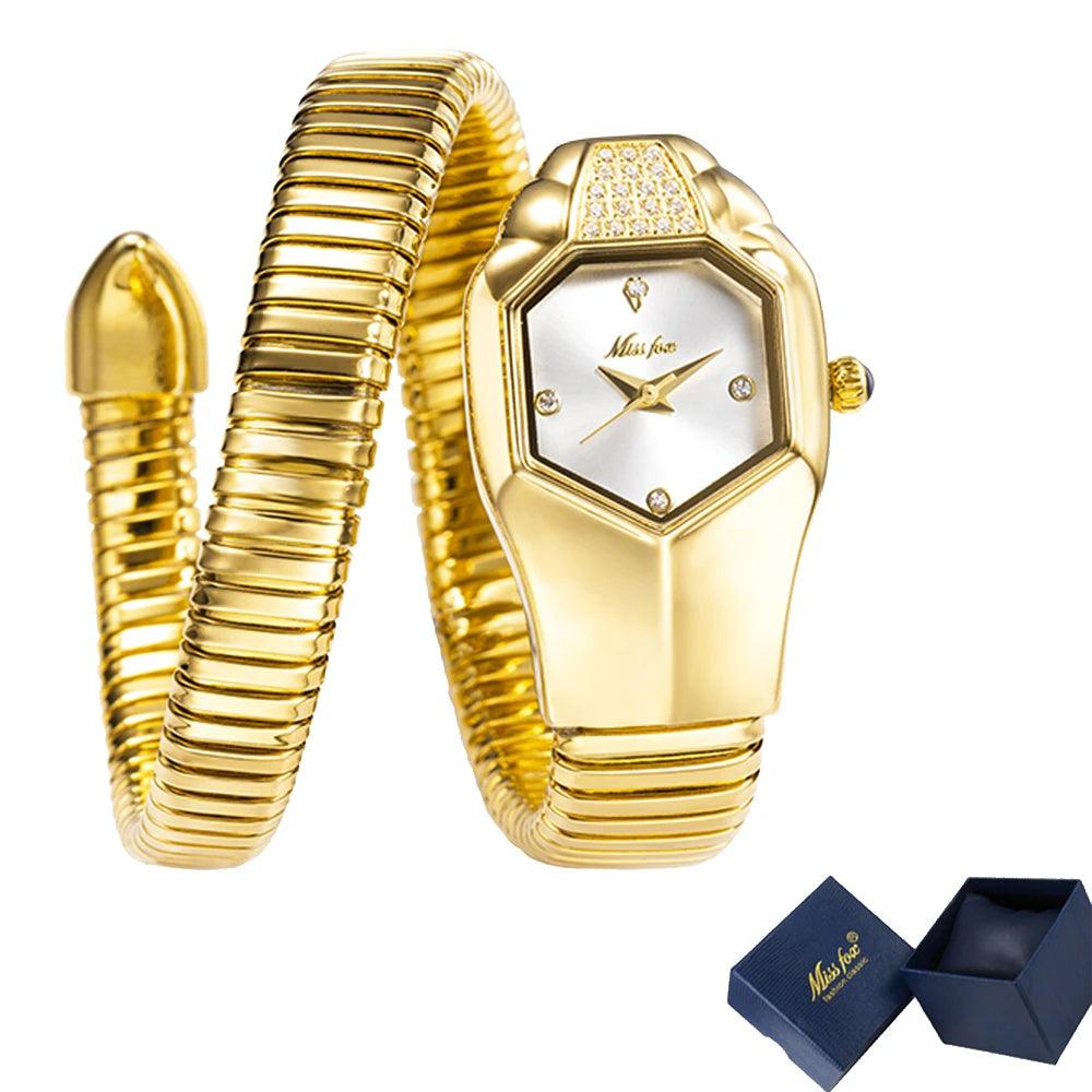 Hot Fashion Stainless Steel Bangle Snake Shape Zircon Diamond Ladies Watches - Quartz Silver Colour Wristwatches