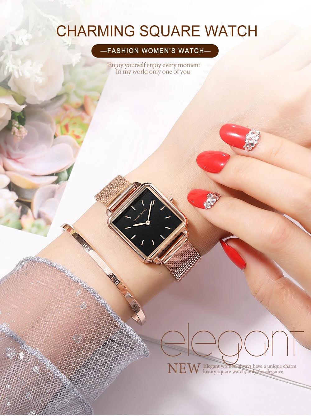 New Arrival Top Brand Elegant Solid Stainless Steel Square Dial Quartz Rose Gold Colour Ladies Watches for Women