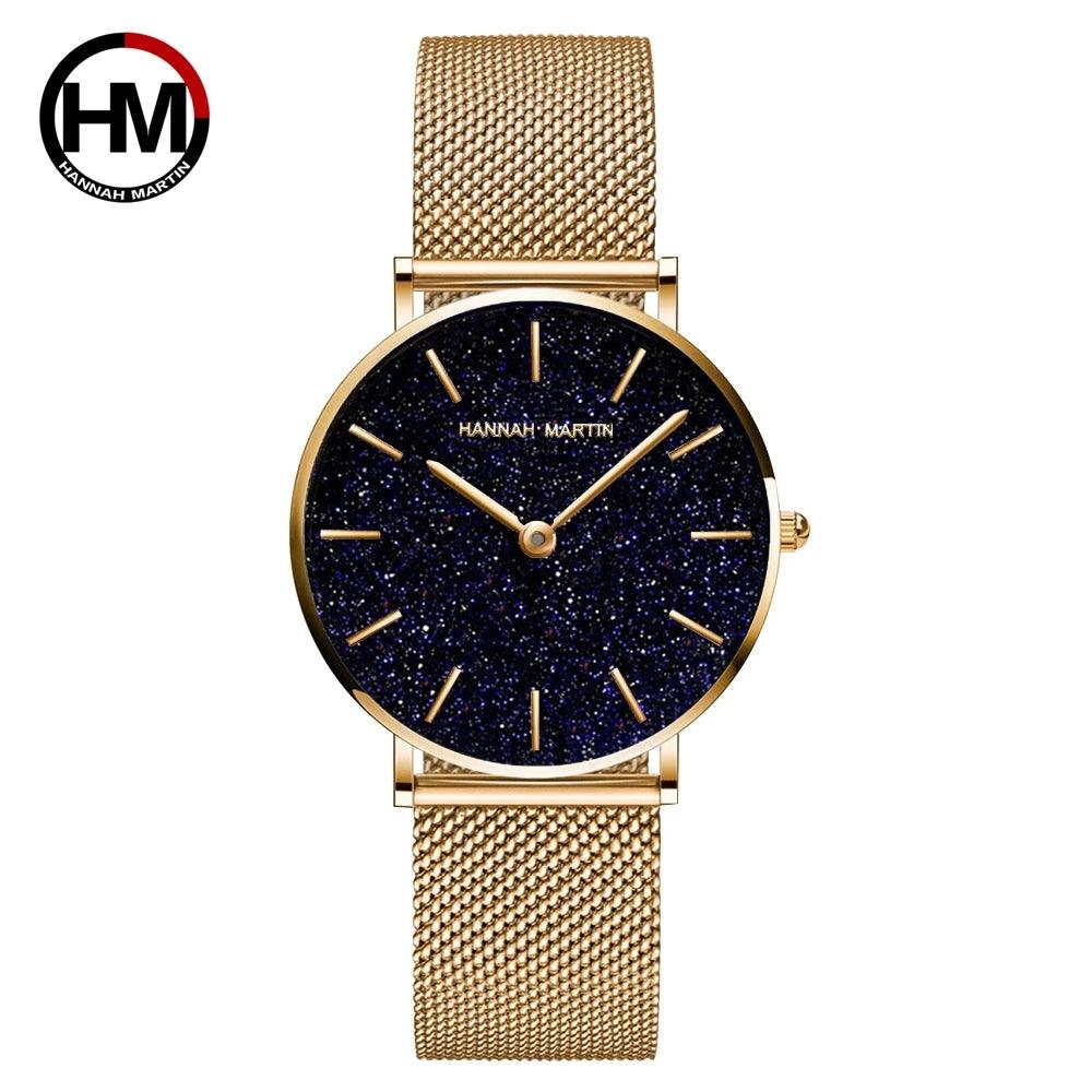 Elegant Flash Stars Design Ladies Watch, Stainless Steel Rose Gold Colour Mesh Casual Quartz Waterproof Wristwatches