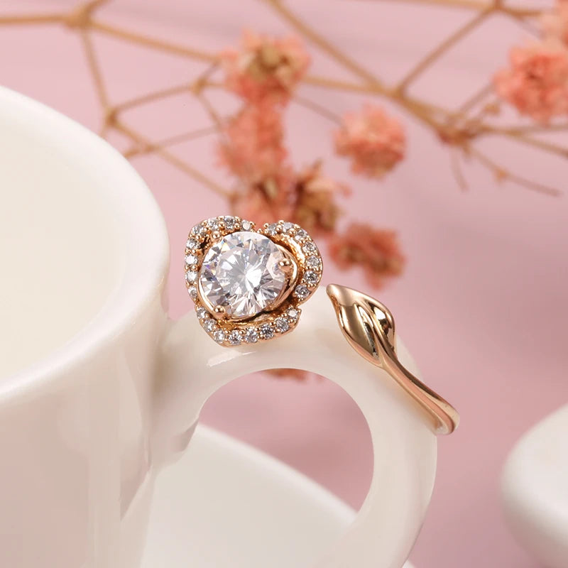 Lucky Rose Flower Design 14K Rolled Rose Gold AAA Zircon Diamonds Flower Vintage Style Ring - Fine Jewellery