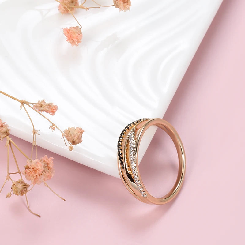 New 14K Filled Rose Gold Unusual Geometry Cross AAA Black, White Zircon Diamonds Ring - Vintage Wedding Jewellery