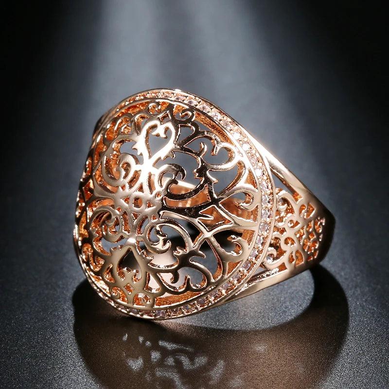 Lovely New Hollow Flower Filled 14K Rose Gold Round Micro-wax Inlay AAA Zircon Diamonds Rings - Party Fine Jewelry