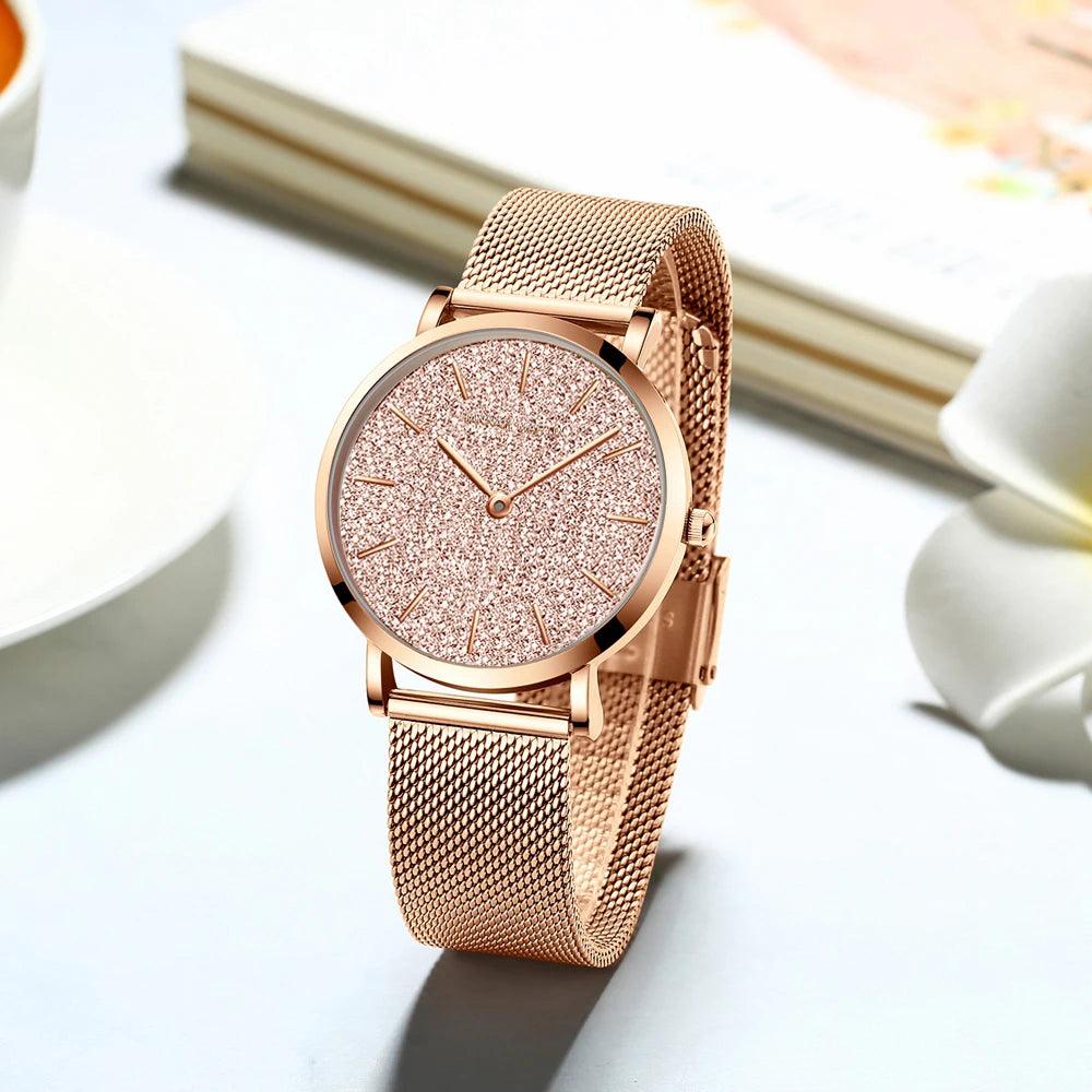 Elegant Sahara Desert Dial Design Top Brand Luxury Quartz Stainless Steel Rose Gold Colour Waterproof Ladies Watches