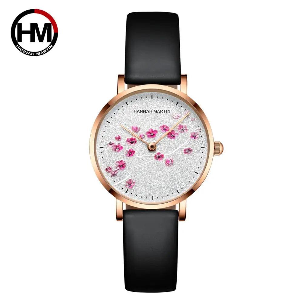 New Design Elegant Red Plum Blossom Dial Female Watch - Quartz Movement Genuine Leather Band  Ladies Wristwatches