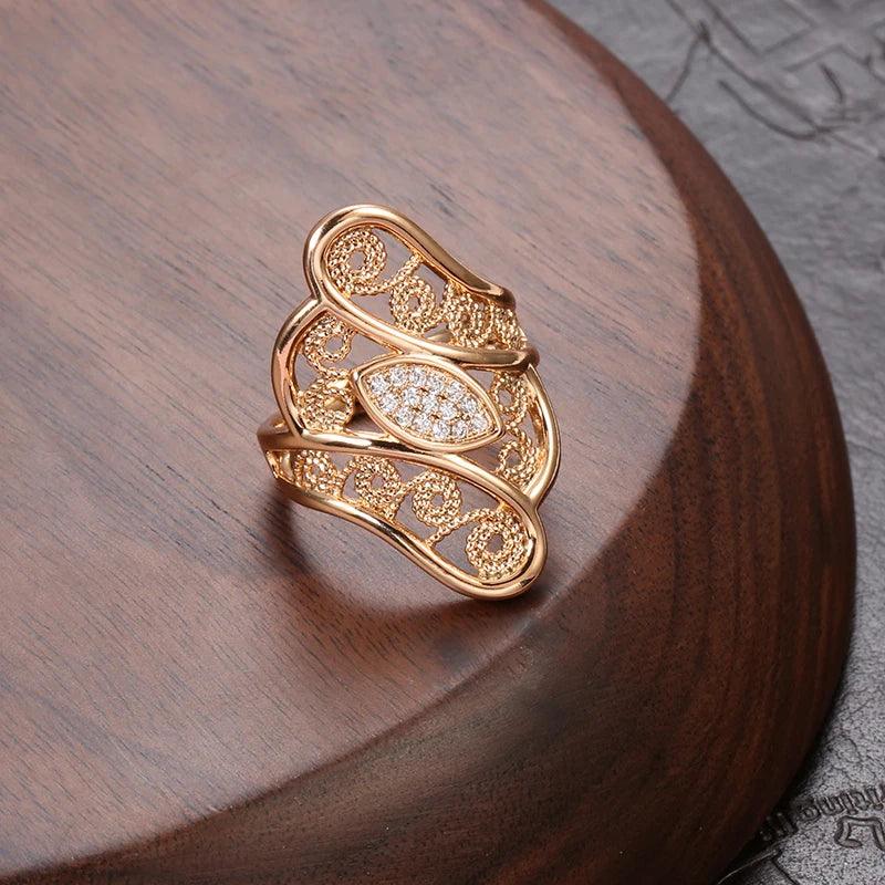 Fine Hollow Crystal Flower White AAA Zircon Diamonds 14K Filled Rose Gold Big Ring - Ethnic Vintage Jewelry