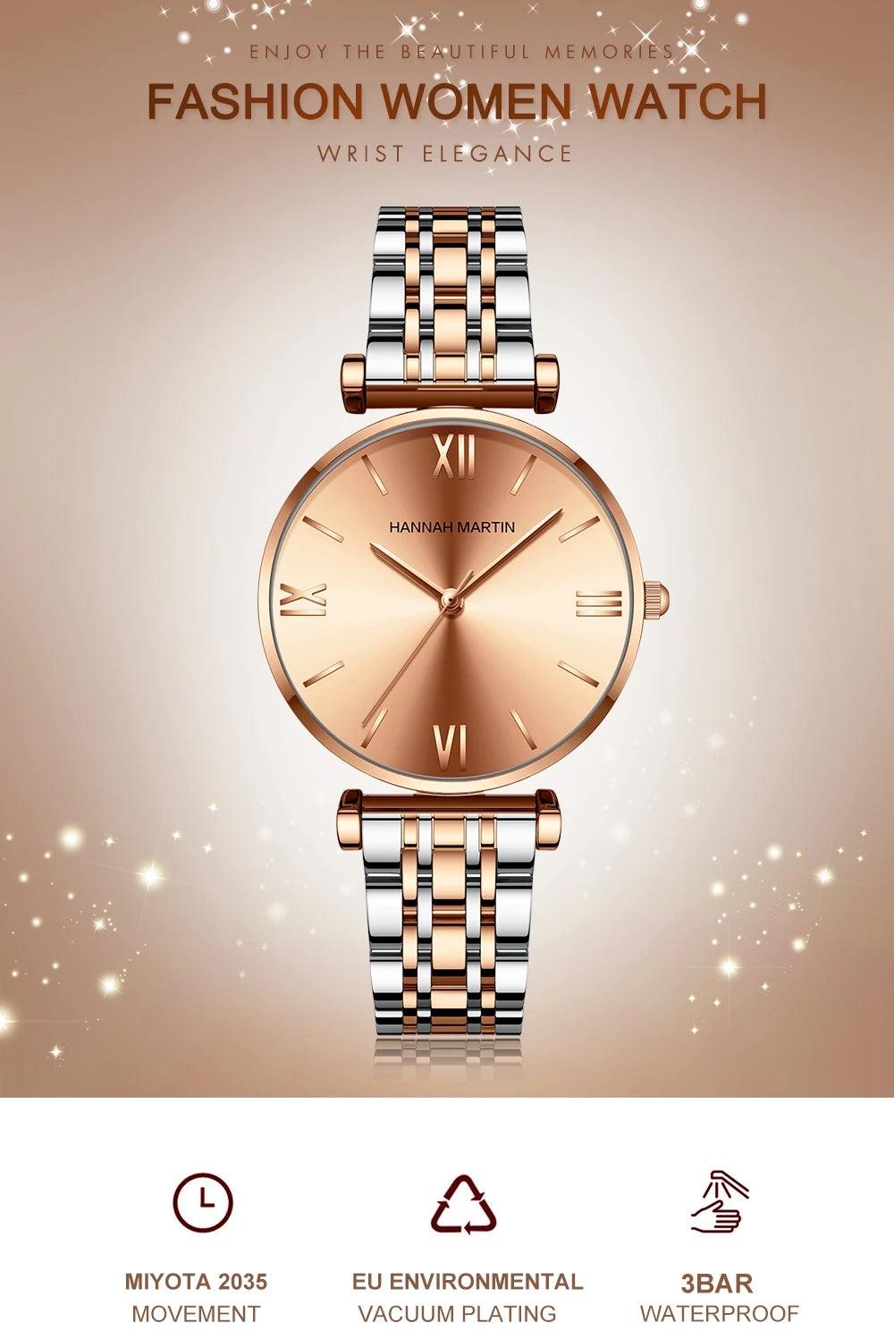 Simple Elegant Round Dial Fashion Stainless Steel Ladies Watches Rose Gold Colour Quartz Wristwatches with Bracelets