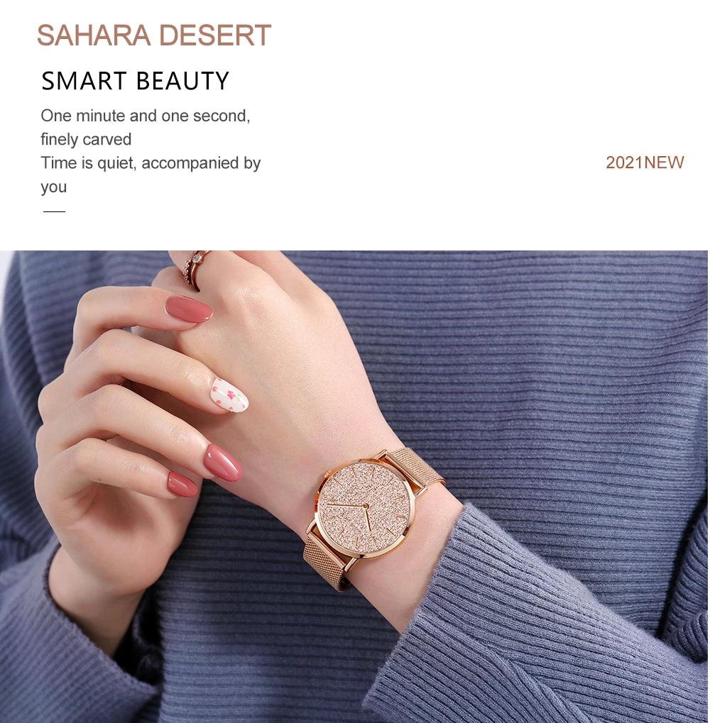 Elegant Sahara Desert Dial Design Top Brand Luxury Quartz Stainless Steel Rose Gold Colour Waterproof Ladies Watches