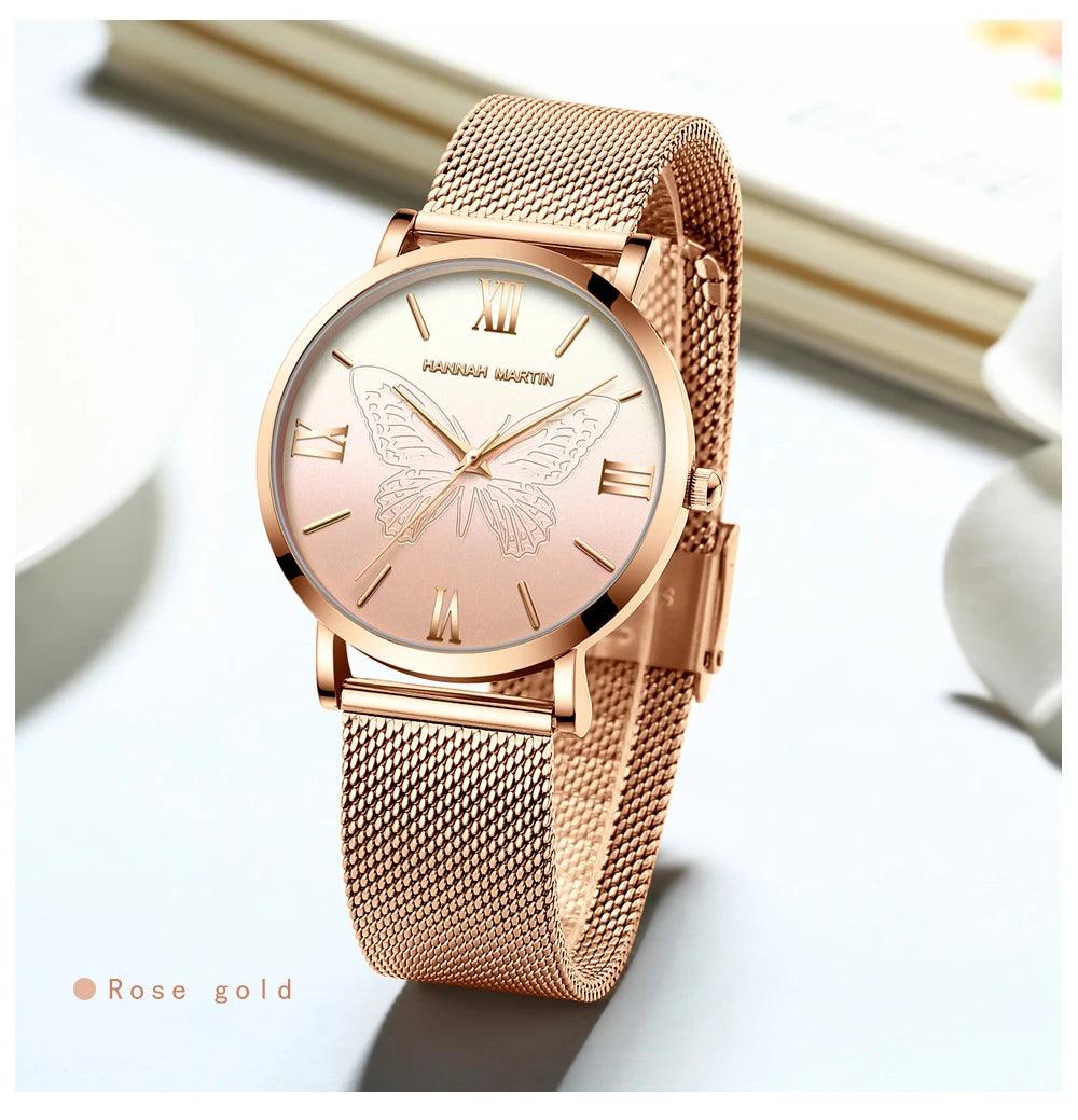 Luxury 3D Butterfly Top Brand Elegant Women Watches Quartz Movement Stainless Steel Waterproof Wristwatches